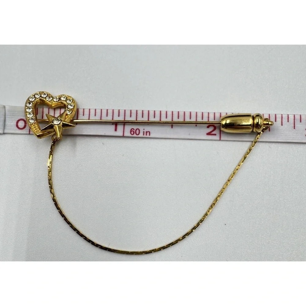 Vintage Valentines Day Gold Tone Rhinestone Heart Star Locking Stink Pin & Chain
